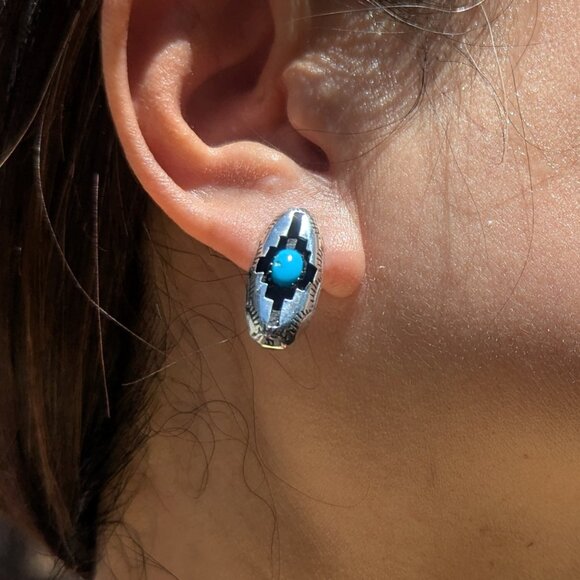 Navajo Shadow Box Turquoise Stud Earrings Sterling Silver Native Am Jewelry*** - Picture 1 of 10